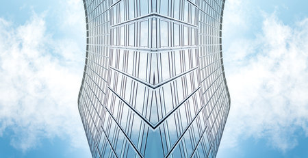underside panoramic and perspective view to steel blue glass high rise building skyscrapers, business concept of successful industrial architectureのeditorial素材