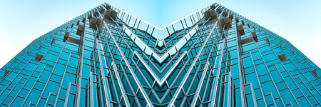underside panoramic and perspective view to steel  blue glass high rise building skyscrapers, business concept of successful industrial architectureのeditorial素材