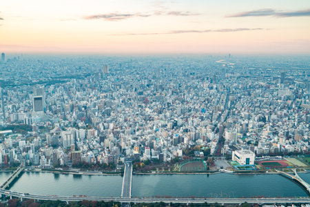 View of downtown cityscape and sky tree in tokyo, Japan.のeditorial素材