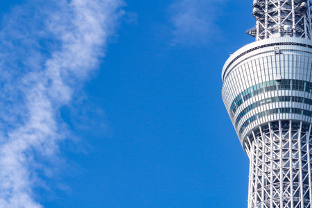 TOKYO, JAPAN - November 21, 2018: A part of Japan Tokyo skytree tower building with a blue skyのeditorial素材