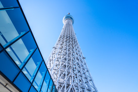TOKYO, JAPAN - November 23, 2018: A part of Japan Tokyo skytree tower building with blue skyのeditorial素材