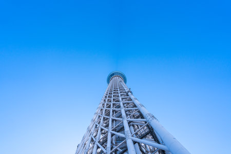 TOKYO, JAPAN - November 23, 2018: A part of Japan Tokyo skytree tower building with blue skyのeditorial素材