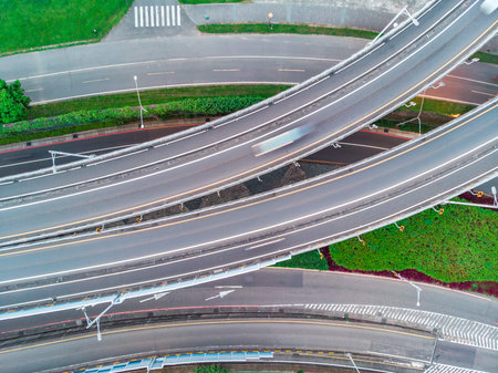 Traffic Aerial View - Traffic concept image, birds eye daytime view use the drone in Taipei, Taiwan....