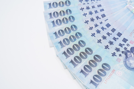 1000 New Taiwan Dollars isolated on white backgroundの写真素材