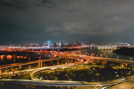 Taiwan, New Taipei City, the beautiful twists and turns of the river, reflecting the sky, bridges,...