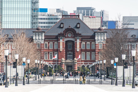 TOKYO, JAPAN - March 25 2019: Tokyo Station in Tokyo, Japan. Open in 1914, a major a railway station near the Imperial Palace grounds and Ginza commercial districtのeditorial素材