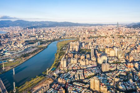 Taipei City Aerial View - Asia business concept image, panoramic modern cityscape building birdâs eye view under daytime and blue sky, shot in Taipei, Taiwan.の写真素材