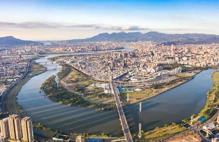Taipei City Aerial View - Asia business concept image, panoramic modern cityscape building birdâs eye view under daytime and blue sky, shot in Taipei, Taiwan.の写真素材