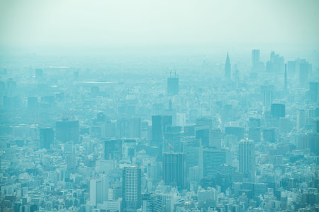 dust during daytime in a very polluted city - in this case Tokyo, Japan. Cityscape of buildings with...