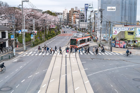 Tokyo, Japan - March 28, 2019: Toden Arakawa Line Streetcar in Tokyo, Japan on October 22, 2015. Tokyo is both the capital and largest city of Japan.のeditorial素材