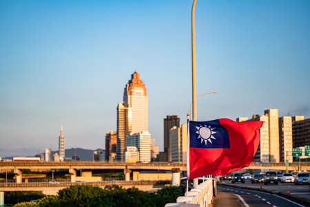 Taiwan flag mockup fluttering in the wind.の写真素材