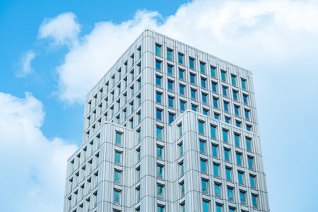 underside panoramic and perspective view to steel blue glass high rise building skyscrapers, business concept of successful industrial architectureのeditorial素材