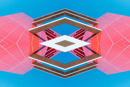 underside panoramic and perspective view to steel blue glass high rise building skyscrapers, business concept of successful industrial architectureの写真素材