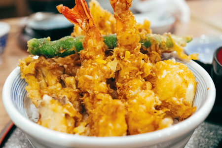 fried prawns tempura on topped rice bowl-Japanese food styleの写真素材