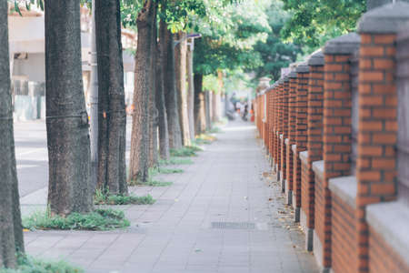 Brick and Metal Fence with Door and Gate of Modern Style Design In the setting sun. Metal Fence Ideas.の写真素材