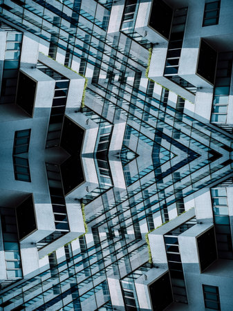 underside panoramic and perspective view to steel blue glass high rise building skyscrapers,...