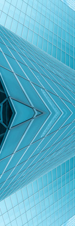 underside panoramic and perspective view to steel blue glass high rise building skyscrapers,...