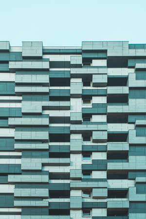 underside panoramic and perspective view to steel blue glass high rise building skyscrapers, business concept of successful industrial architectureの写真素材