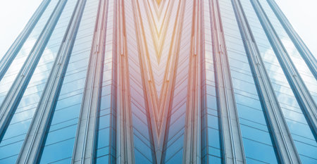 underside panoramic and perspective view to steel blue glass high rise building skyscrapers,...