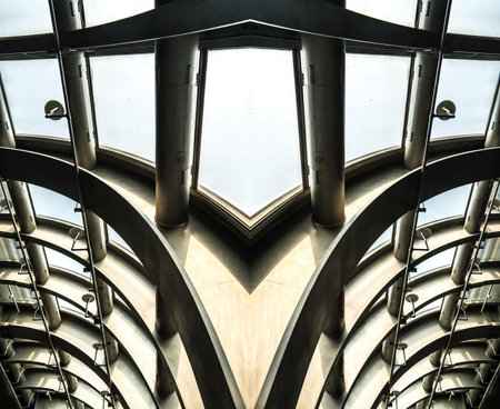 underside panoramic and perspective view to steel blue glass high rise building skyscrapers,...