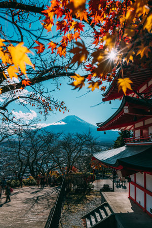 Beautiful landscape of mountain fuji with chureito pagoda around maple leaf tree in autumn season at Yamanashi Japanのeditorial素材