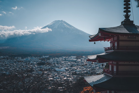 Beautiful landscape of mountain fuji with chureito pagoda around maple leaf tree in autumn season at Yamanashi Japanのeditorial素材
