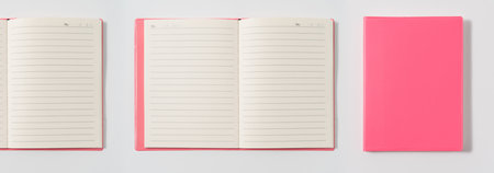 Pink notebook on white desk. Business minimal concept for women. Flat lay, top view, copy spaceの写真素材