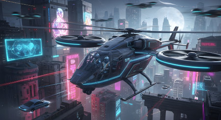 Helicopter flying in the night city. 3D Renderingの素材