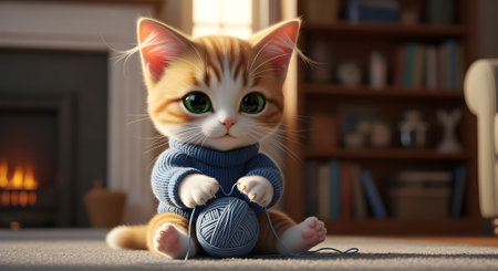 Cute cat playing with ball of yarn at home. Winter seasonの素材