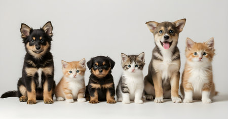 Group of cute puppies and kittens on white background. Studio shot.の素材