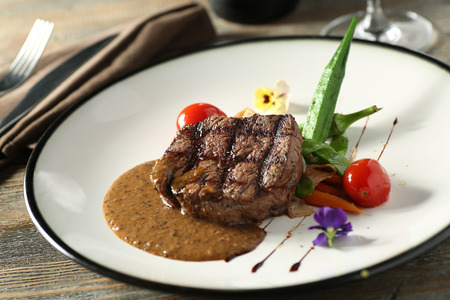 Filet steak beef with black pepper sauceの写真素材