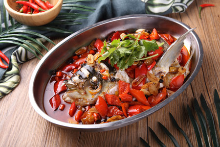 Curry minced chili fish head in a iron pot