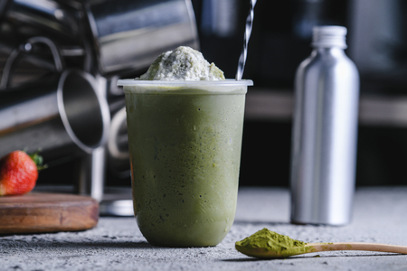 Matcha ice smoothies in a glassの写真素材
