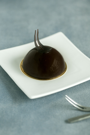 Coffee mousse cake in a white dishの写真素材