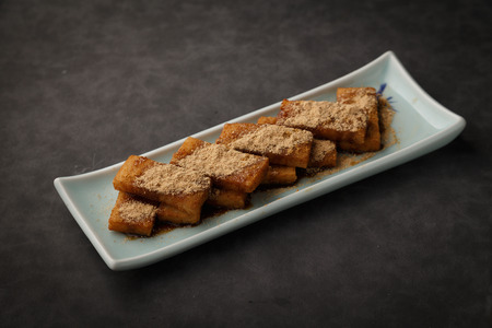 Meat floss cake in the white ceramic dishの写真素材