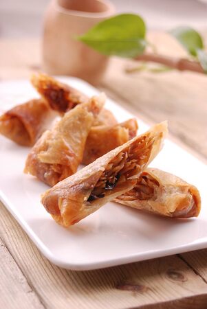 Vietnamese plain spring rolls in a white ceramic dishの写真素材