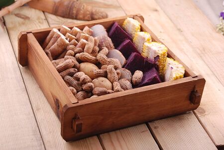 Summary of the grains in a wooden boxの写真素材
