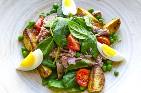 Cooking tuna salad on the wooden plate. Stock image.の写真素材