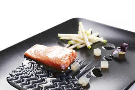 Molecular modern cuisine red fish in a dish with beautiful garnish close up. Isolatedの写真素材