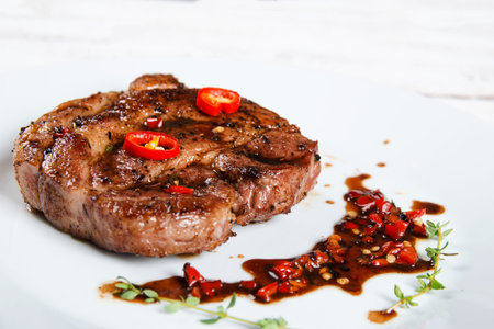 Steak on white plate