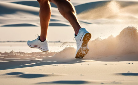 Sneakers kicking up sand on a beach.の写真素材