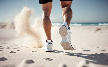 Sneakers kicking up sand on a beach.の写真素材