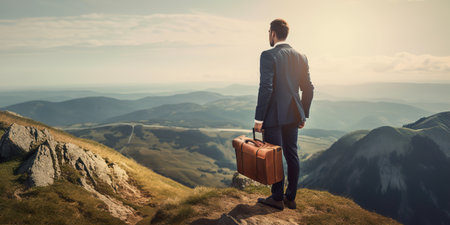 Businessman wearing formal suit and holding suitcase, standing on the mountainの写真素材