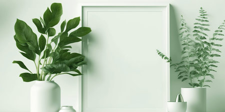 Mock up white frame and green plant on desk, White colors.