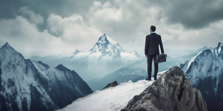 Rear view of businessman wearing formal suit and holding suitcase, standing on the mountain peak...