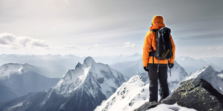 Dressed orange jacket male backpacker enjoying the view and have mountain walk. Tourist with a backpack and mountain panorama. Adventure concept.の写真素材