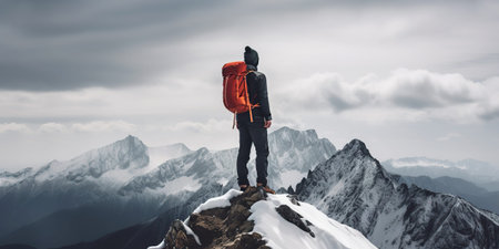 Dressed orange jacket male backpacker enjoying the view and have mountain walk. Tourist with a...