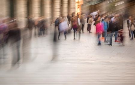 Abstract blurred background of business busy people walking on sidewalk at business center in the...