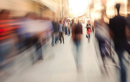 Abstract blurred background of business busy people walking on sidewalk at business center in the...