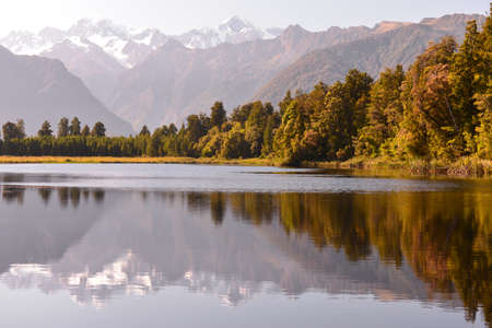 Panoramic view of Aoraki range from Lake Mathesonの写真素材
